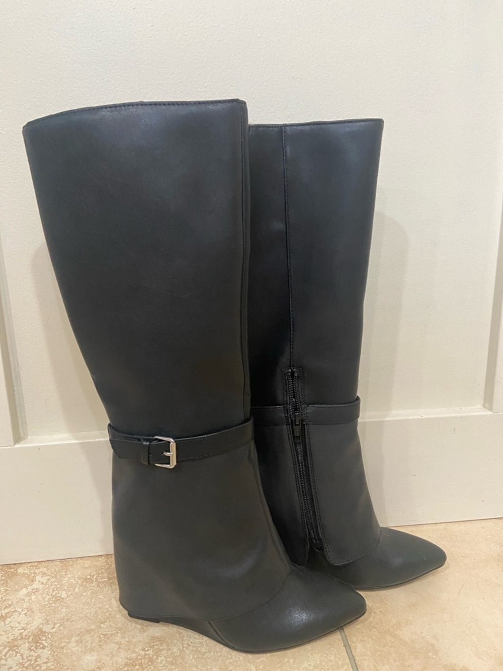 a new day Black Knee-High Wedge Boots with Ankle Buckle